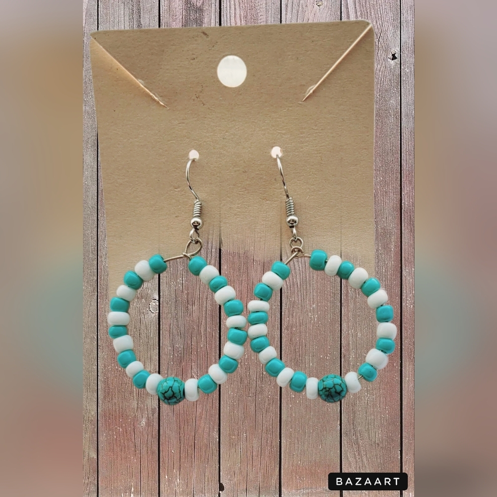 Pressed glass and turquoise hoop earrings, Sheris Jewels